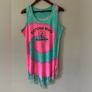 Vintage Retro Tie Dye Daytona Beach Sleeveless Fringe Swim Coverup Size XL